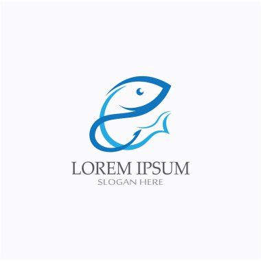 Balık logosu, balık yemi, balık yağı ve deniz ürünleri restoranı ikonu. Vektör simgesi konseptiyle