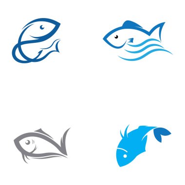 Balık logosu, balık yemi, balık yağı ve deniz ürünleri restoranı ikonu. Vektör simgesi konseptiyle