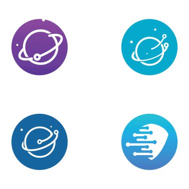 Modern dijital teknoloji dünyasının logosu, küresel ya da teknolojik gezegen ve dijital teknoloji koruması. Vektör konseptli logo.