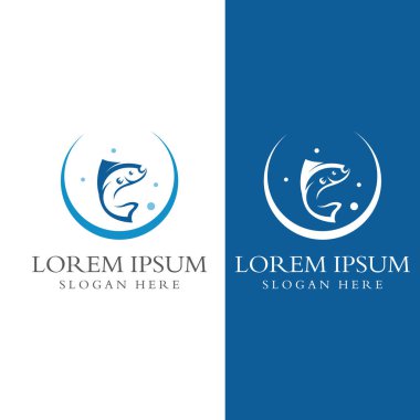 Balık logosu, balık yemi, balık yağı ve deniz ürünleri restoranı ikonu. Vektör simgesi konseptiyle