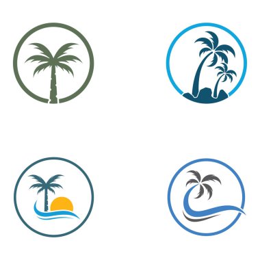 Palmiye ağacı logosu, dalgalı palmiye ve güneş. Çizer düzenleme kullanılıyor.