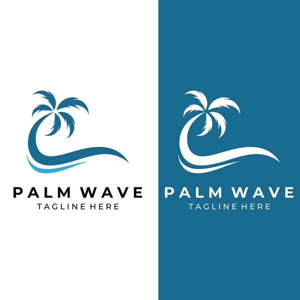 Logo Palmera Palmera Con Olas Sol Usando Edición Ilustrador — Vector de stock