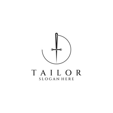 Tailor silhouette logo with needle, thread, benik and sewing machine markings. Logo design for tailors, fashion, boutiques and other clothing companies.