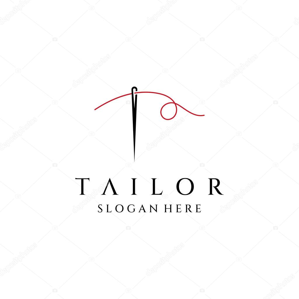 Tailor silhouette logo with needle, thread, benik and sewing machine markings. Logo design for tailors, fashion, boutiques and other clothing companies.