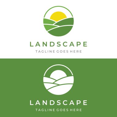 Yeşil peyzaj logosu, tarım arazisi ya da çiftlikleri ve tepeleri olan yaratıcı bir tasarım. Doğal ve tarımsal ürünler için logo..