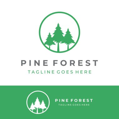 Çam ağaçları ve çam ormanlarının yaratıcı soyut logosu izole edilmiş arka plan. Rozetler, iş yerleri, noeller, markalar ve doğal ürünler için logolar..
