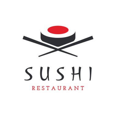 Suşi logo şablonu. Somonlu geleneksel Japon mutfağı, lezzetli yiyecekler. Japon restoranı, barı, suşi dükkanı logosu..