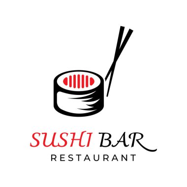 Suşi logo şablonu. Somonlu geleneksel Japon mutfağı, lezzetli yiyecekler. Japon restoranı, barı, suşi dükkanı logosu..