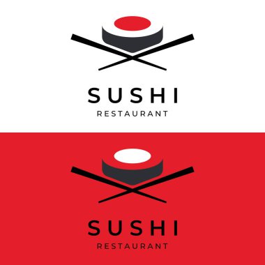Suşi logo şablonu. Somonlu geleneksel Japon mutfağı, lezzetli yiyecekler. Japon restoranı, barı, suşi dükkanı logosu..