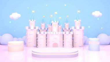 Ürün ekran podyumlu 3D karikatür şatosu.