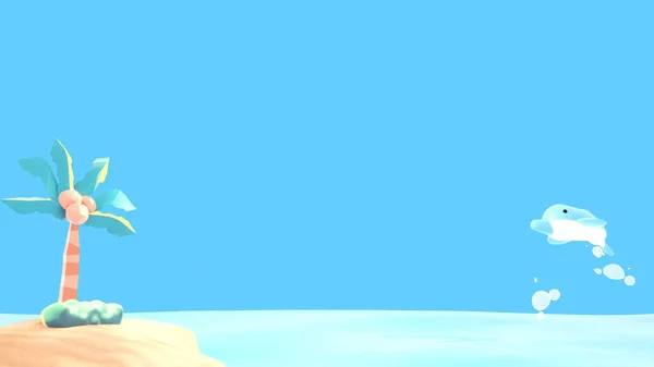 Desenhos Animados Verão Ilha Tropical Com Paisagem Coqueiro Golfinho Bonito — Fotografia de Stock