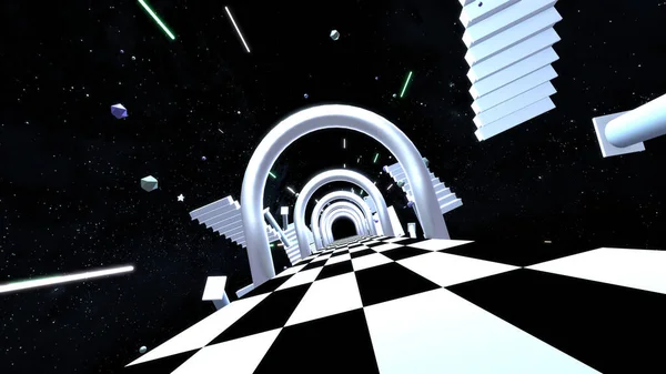 3Dは 浮動階段と列とSf宇宙廊下をレンダリングしました — ストック写真