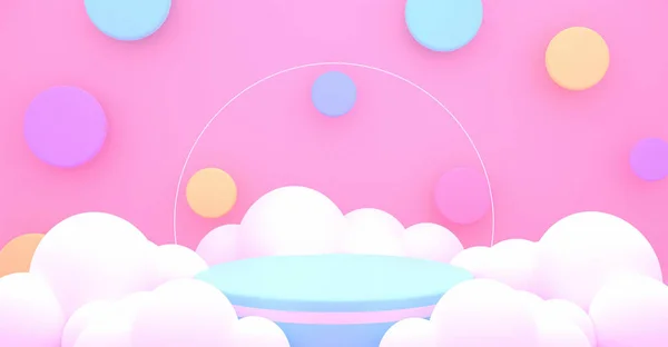 Gemaakt Roze Kamer Met Podium Kleurrijke Cirkels Witte Wolken — Stockfoto