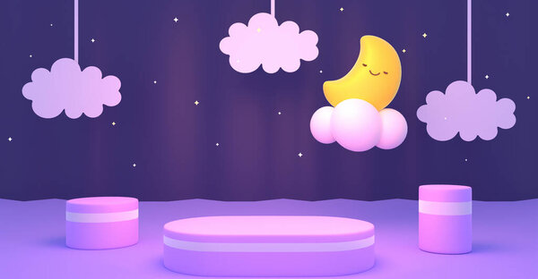 Podium Rendu Avec Lune Endormie Nuages Papier Suspendus — Photo