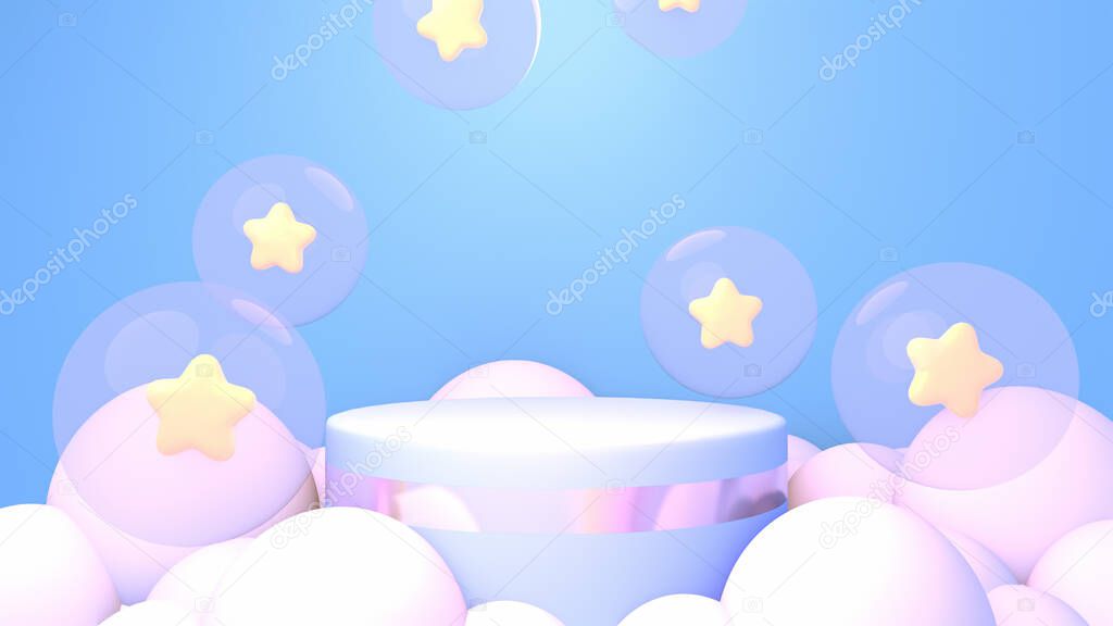 3d rendered blue podium with bubble stars and white clouds.