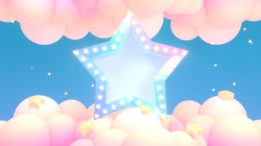 Mavi gökyüzü animasyonunda yumuşak pastel renkli bulutlar üzerinde ışık saçan büyük bir yıldız..