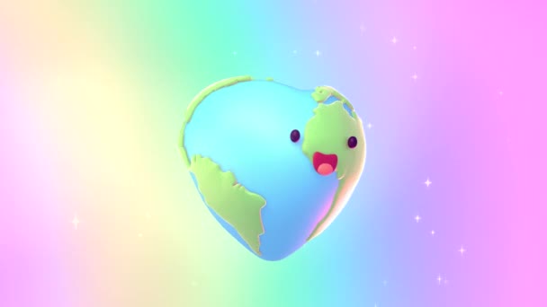 Looped Cartoon Heart Shaped Earth Rainbow Sky — Stock Video