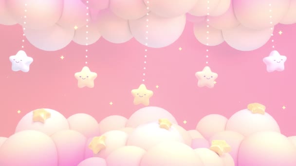 白い雲と愛らしいハンギングスターのアニメーションと漫画のパステルピンクの空をループ — ストック動画