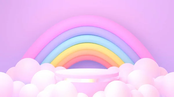 3d rendered pink podium with rainbow and clouds.