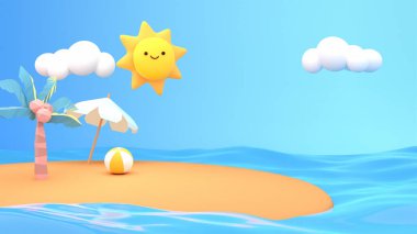 Üç boyutlu karikatür tropikal adası ve sevimli gülümseyen güneş..