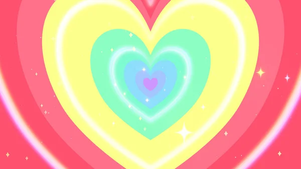 Cartoon rainbow hearts pattern with glowing sparkles background.