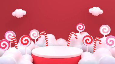 Lolipop ve baston şekerlerle hazırlanmış 3D podyum.