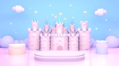 Ürün podyumları ve gökyüzünde parlayan yıldızlarla donatılmış karikatür şatosu.