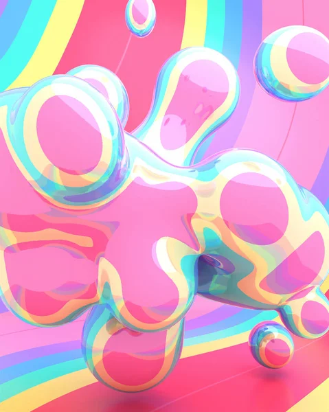 3d rendered abstract flowing rainbow blobs and wavy wall.