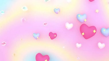 Döngülü 3D pırıltılı kalpler ve elmaslar yumuşak pastel dalgalı gökkuşağı desenli arka plan animasyonuna çarpıyor..