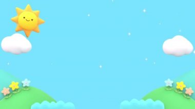 Looped cartoon cute sun, flowers, and mountains animation.