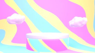 Looped stylish podium with white clouds and abstract wavy stripes background animation.
