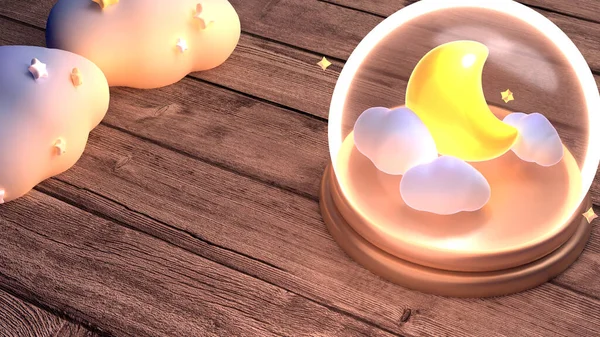 Трехмерный Лунный Хрустальный Шар Деревянном Столе — стоковое фото