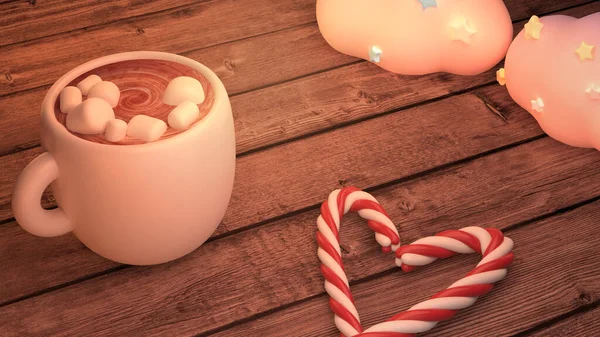 Rendered Hot Chocolate Marshmallow Heart Shaped Candy Canes Wooden Table — Stock Photo, Image