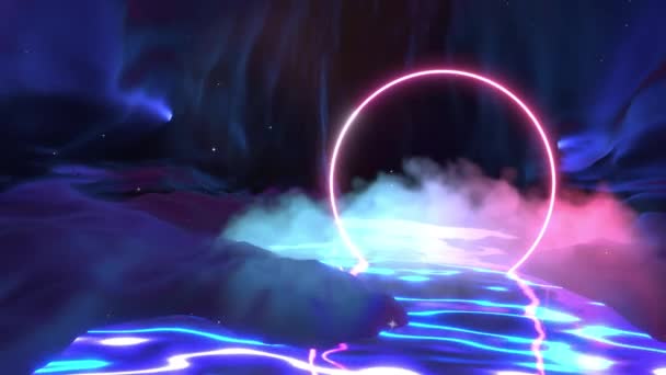 Looped Neon Glowing Ring Clouds Water Dark Cave Animation — Stock Video