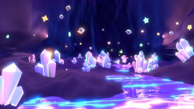 3d rendered neon glowing crystal gemstones cave.