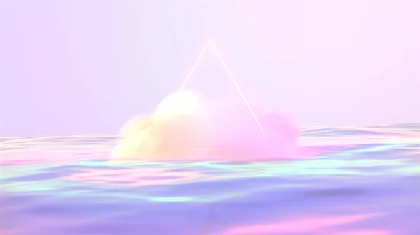 Rendered Beautiful Glowing Triangle Frame Pastel Fluffy Clouds Water — ストック写真