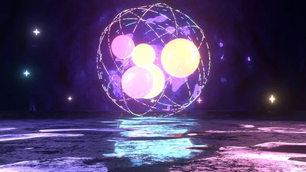 3d rendered abstract neon glowing spheres in the air.