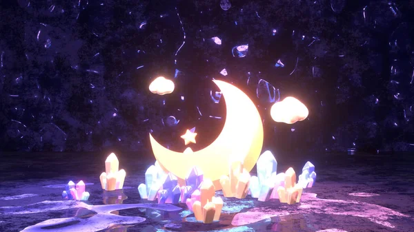 Rendered Glowing Crescent Moon Crystal Gemstones — Φωτογραφία Αρχείου