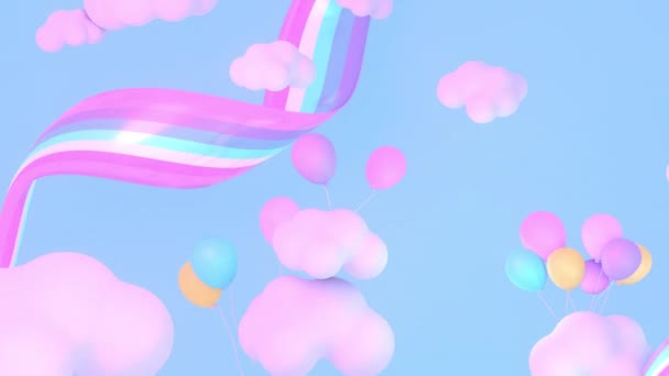 Looped Cartoon Colorful Balloons Rainbows White Clouds Sky Animation — Vídeo de Stock