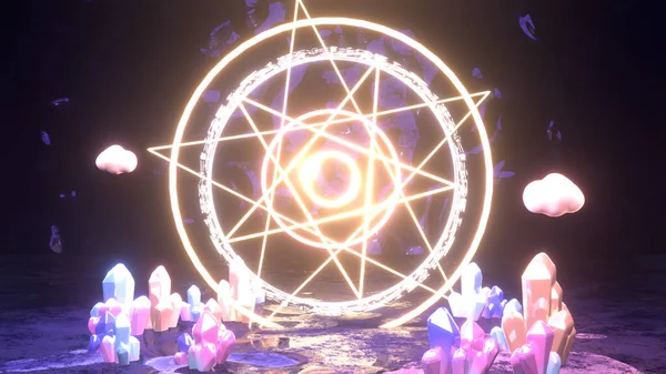 3d rendered glowing magic star circle and crystal gemstones.