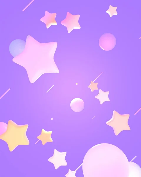 Renderizado Estrelas Pastel Macios Esferas Linhas Fundo Roxo — Fotografia de Stock
