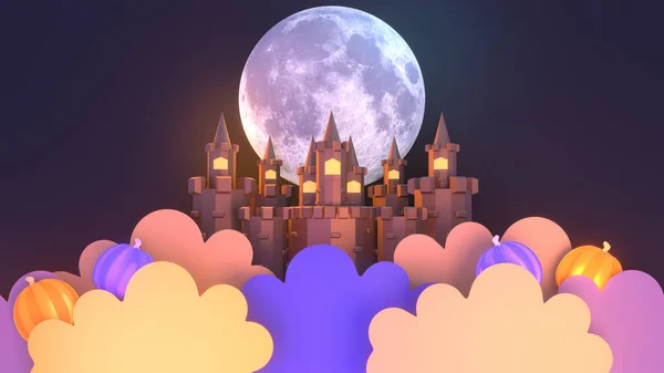 3Dレンダリング漫画夜の月の下のハロウィーンの城 ストックフォト