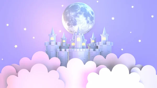 Rendu Dessin Animé Château Nuages Papier Sous Grande Pleine Lune Images De Stock Libres De Droits