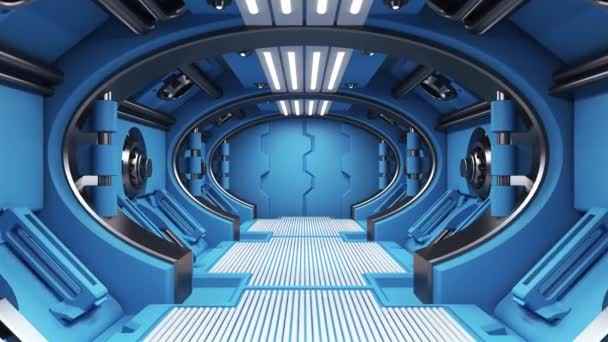 在一艘奇异的宇宙飞船上沿着一条长长的走廊前进 — 图库视频影像