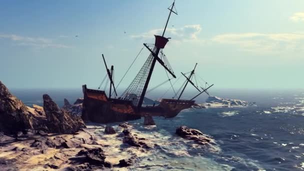 一艘撞上海面礁的老船 — 图库视频影像