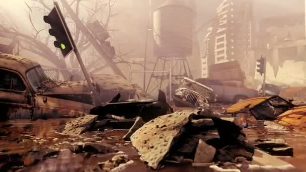 Ciudad Destruida Por Guerra Volcado Coches — Vídeos de Stock