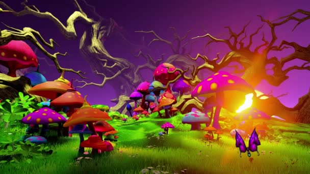 蝶と幻想的なキノコと木を飛んでおとぎ話からゲームの風景 — ストック動画