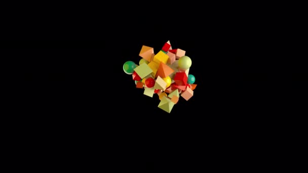 Animated Colored Particles Form Balls Squares Triangles Add Different Shapes — Stock Video