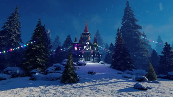 美しい屋根と塔を持つおとぎ話の城は雪に覆われた新年の公園に立っています — ストック動画