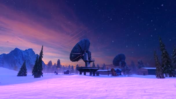 Elektroniczny Teleskop Stoi Zimowej Dolinie Pośród Lasu — Wideo stockowe